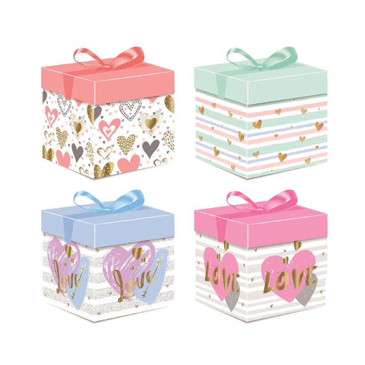 Set 4 cutii pentru cadou, diverse modele, 10 x 10 x 10 cm, multicolor