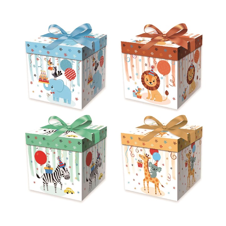Set 4 cutii pentru cadou, diverse modele animalute, 10 x 10 x 10 cm, multicolor