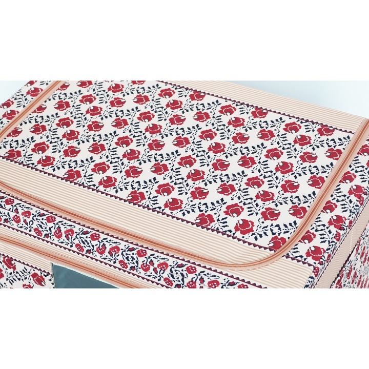 Cutie de Depozitare Pliabila, OEM, 100 L din Bumbac si In, 60X42X40 cm, Fereastra Frontala, 2 Usi de Acces cu Fermoar Bidirectional, Cadru Metalic, Suport Baza Stabil din Plastic, Motiv Traditional Model 4