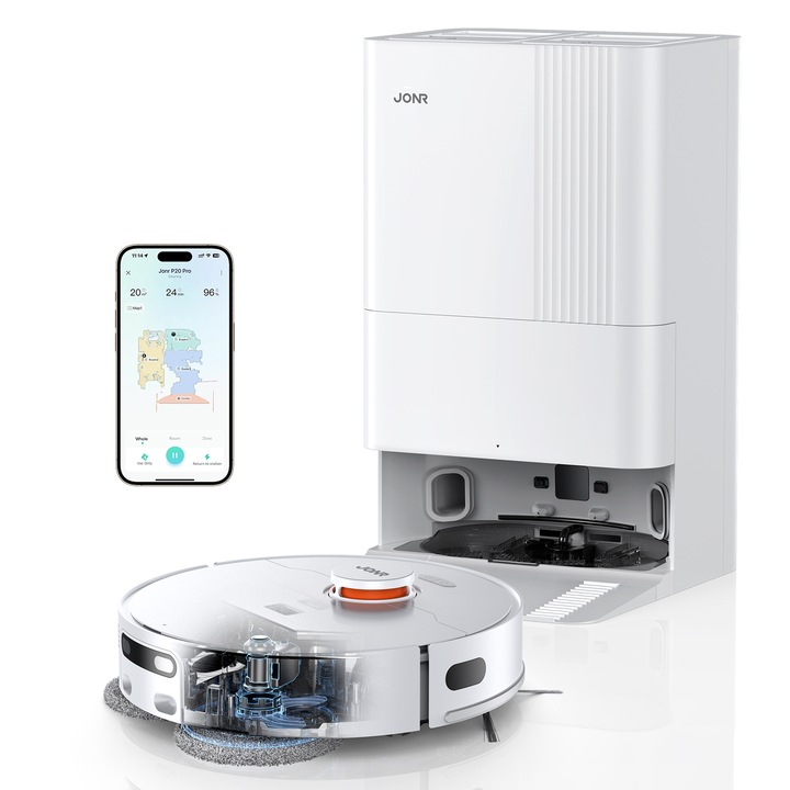 Прахосмукачка робот JONR P20 Pro, 8000Pa, 50W, зарядна станция 600W, моп функция, сушене с горещ въздух, бяла