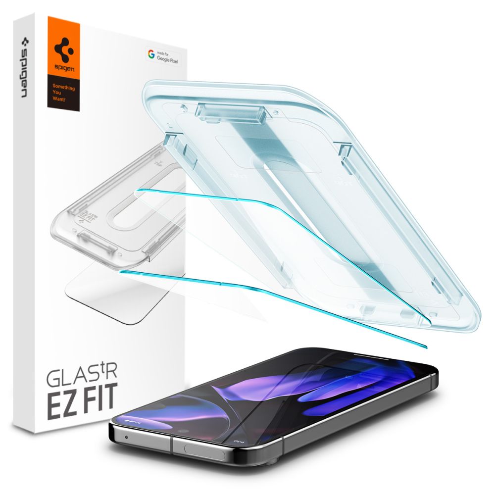 Set 2 folii sticla cu sistem de montare Case friendly Spigen GLAStR EZ FIT compatibil cu Google Pixel 9 / 9 Pro