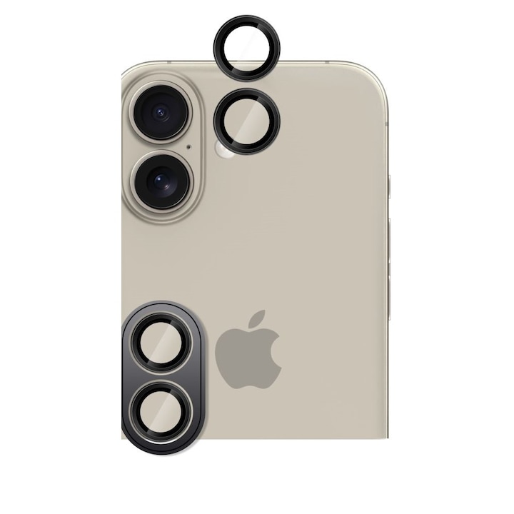 2 db HOFI CamRing kameraüvegvédő készlet, amely kompatibilis az iPhone 16 / 16 Plus Black készülékkel