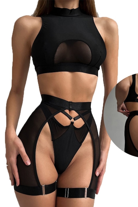 Секси комплект бельо за жени, съблазнителен и провокативен дизайн, подчертава естествените форми, PYKA, Черен