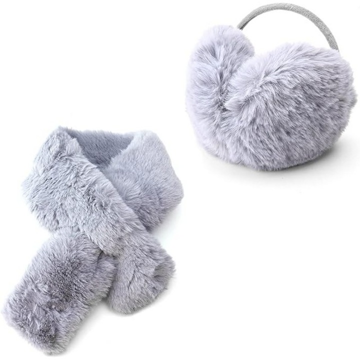 Set casti pentru urechi din plus si esarfa din blana artificiala, gri