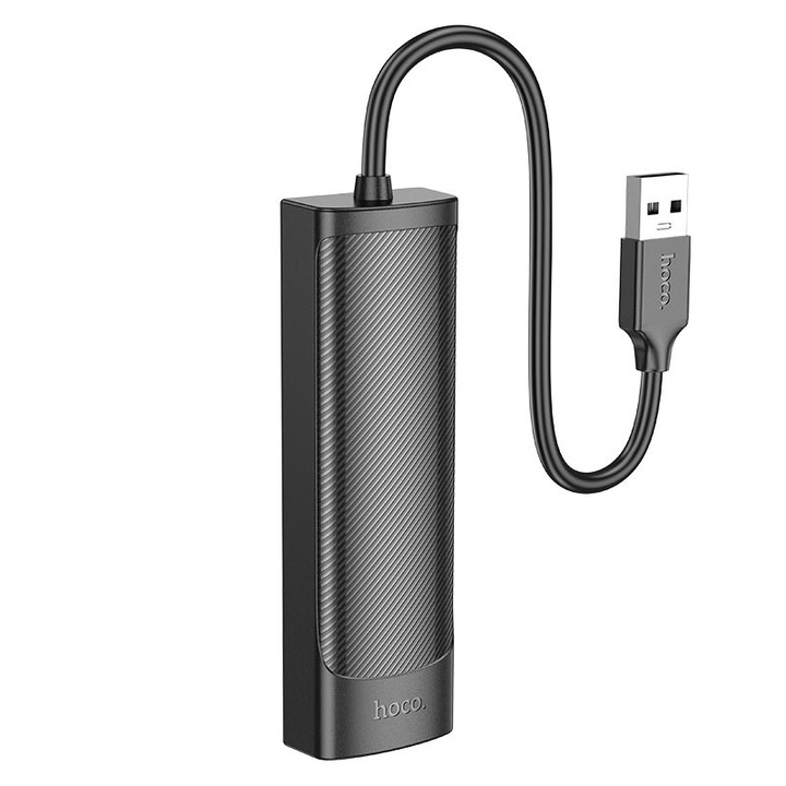 Hub адаптер с 4 USB порта, Hoco HB41, дължина 0,2 м, USB конектор, поддържа 480 Mbps, черен