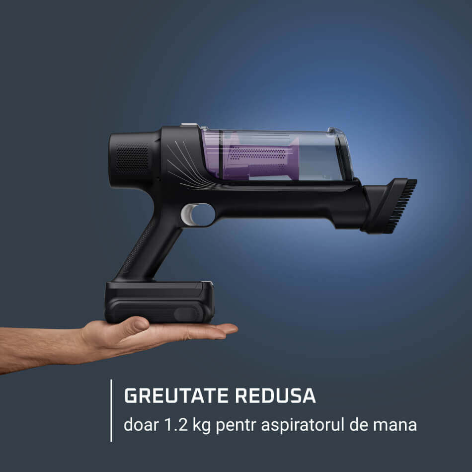 Aspirator vertical Rowenta X-Pert 7.60 RH6A35WO, 140W, recipient de praf 0.44L, autonomie pana la 45 minute, filtrare 99%, perie cu LED, tehnologie ciclonica, violet & negru