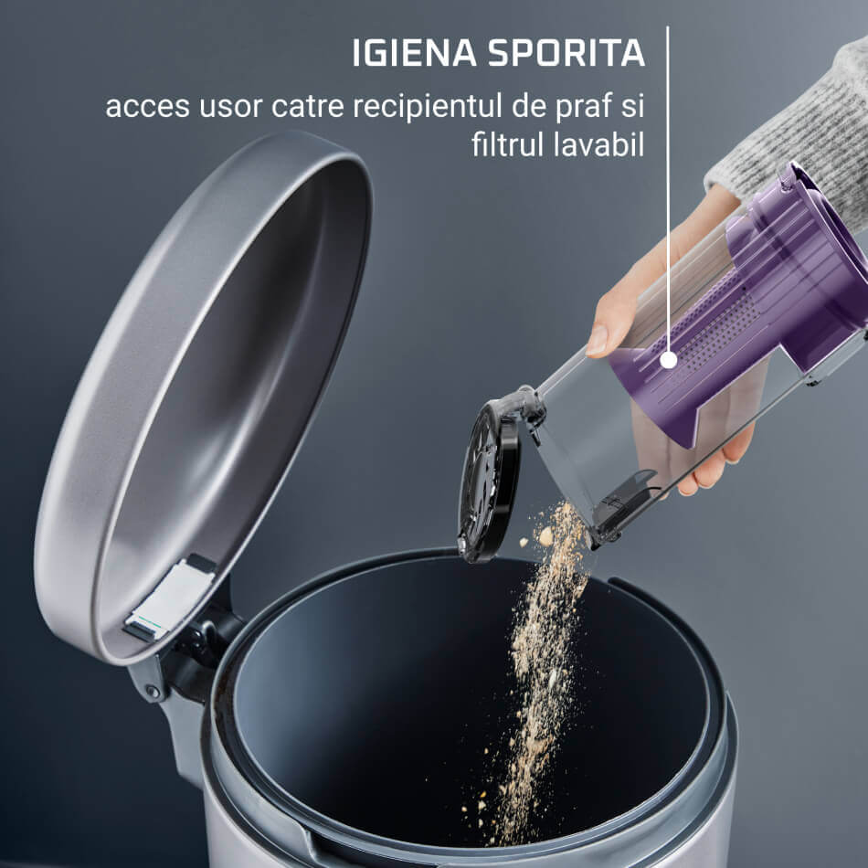 Aspirator vertical Rowenta X-Pert 7.60 RH6A35WO, 140W, recipient de praf 0.44L, autonomie pana la 45 minute, filtrare 99%, perie cu LED, tehnologie ciclonica, violet & negru