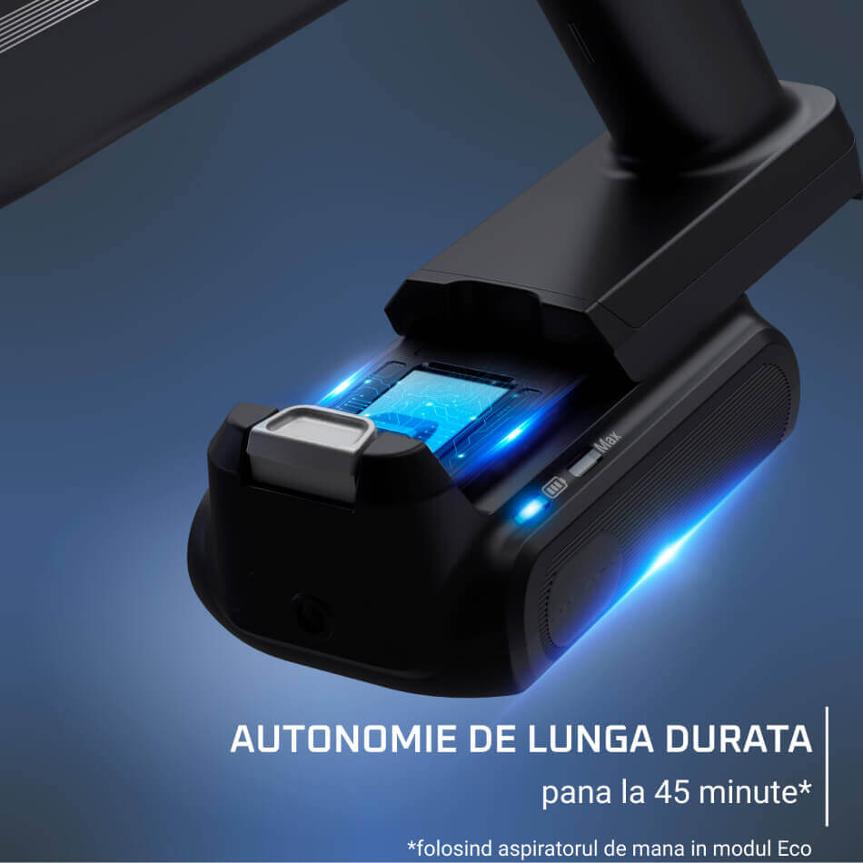Aspirator vertical Rowenta X-Pert 7.60 RH6A35WO, 140W, recipient de praf 0.44L, autonomie pana la 45 minute, filtrare 99%, perie cu LED, tehnologie ciclonica, violet & negru