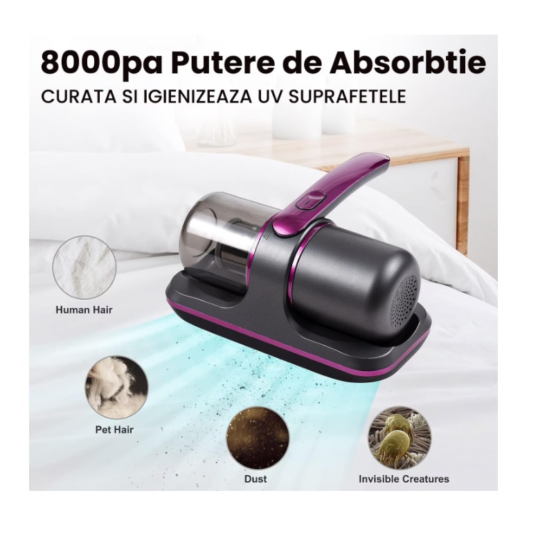 Aspirator Profesional Antiacarieni ATT® 2 in 1 Tehnologie UV, Putere de Aspirare mare de 8000pa, Filtru HEPA, Fara Sac si Fara Fir, 100W, Lumina UV pentru Curatare Avansata