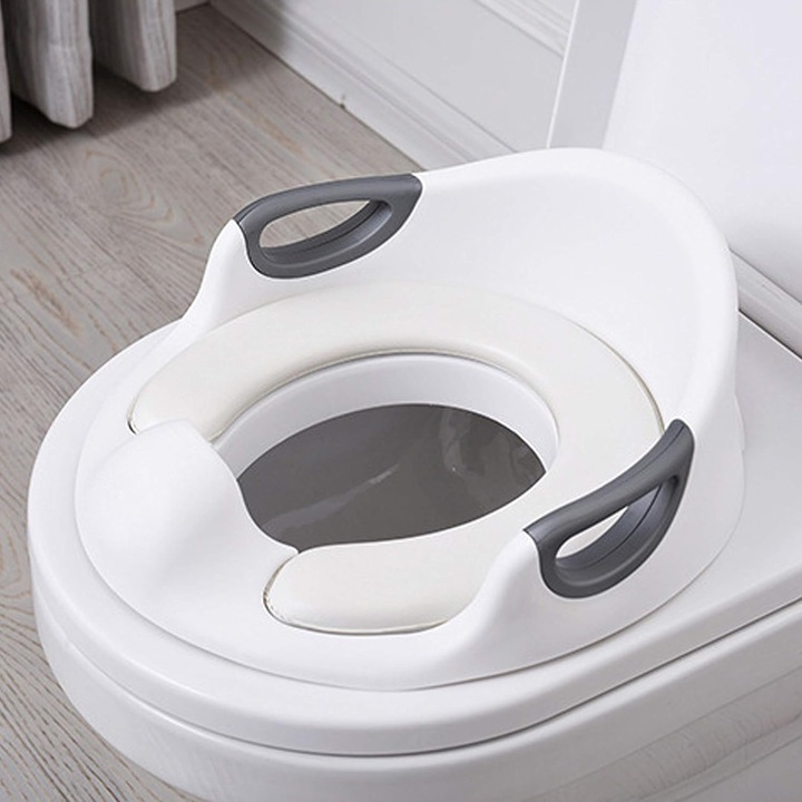 Gyermek WC-ülőke edzéshez, magasított védelemmel, fogantyúkkal, fehér, univerzális