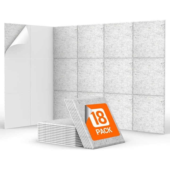Set 18 panouri acustice, fonoabsorbant 30x30x0, 9 cm, izolare fonica si acustica, autoadezive, design minimalist, pentru studio de inregistrare, casa, birouri, gri