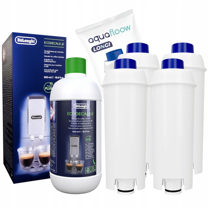 Комплект от 4 водни филтри за филтър за кафе Delonghi + Уред за почистване на котлен камък DLS C002 Delonghi 0.5л