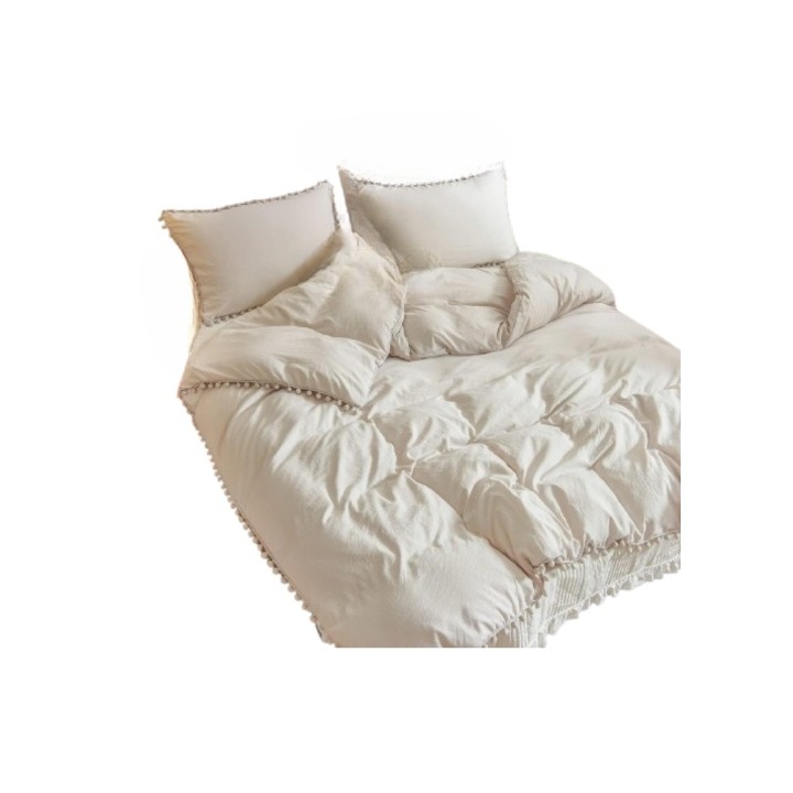 Set de lenjerie pentru pat, Deconovo, cu ciucuri, o husa de pilota 200x220cm, doua fete de perna 80x80cm, crem/gri