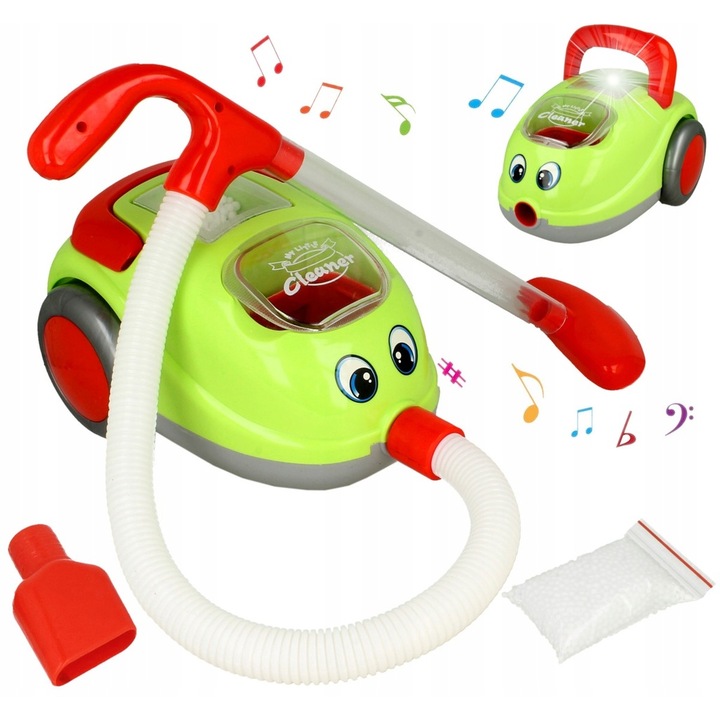 Aspirator de Jucarie Pentru Copii Vacuum Cleaner idealSTORE, O Punga cu Bile de Polistiren, Recipient Detasabil pentru Deseuri, Accesorizat cu Efecte Luminoase si Sonore, Buton On-Off