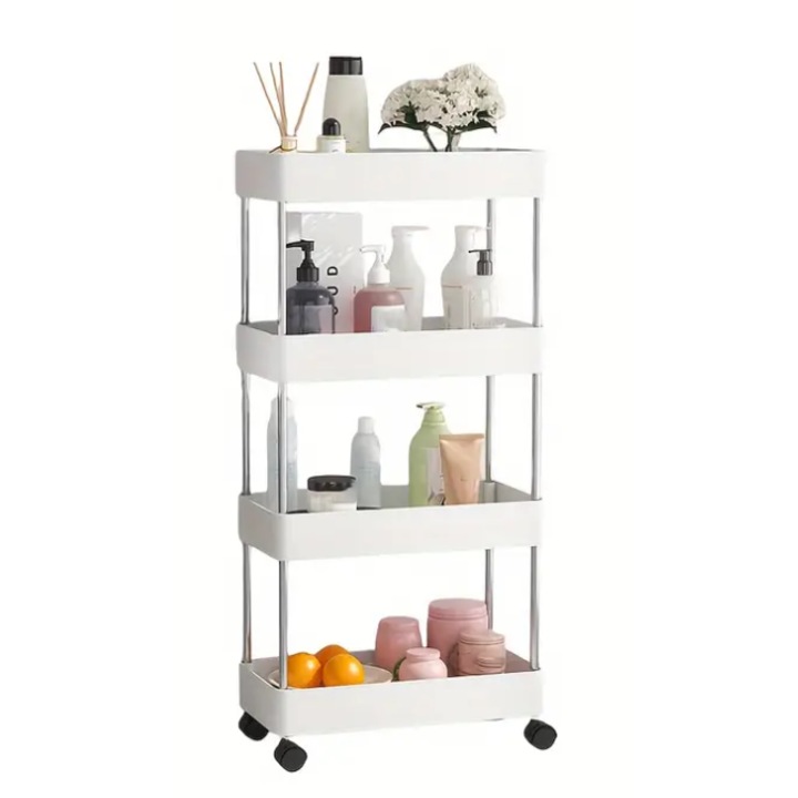 Suport pentru baie cu 4 rafturi si roti, Neirini, Alb, 39 x 12 x 80 cm
