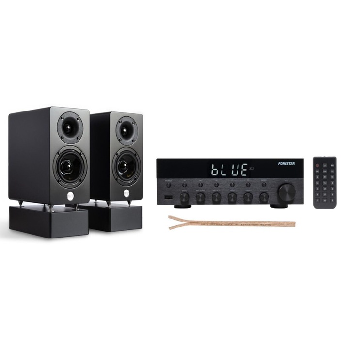 Sistem audio cu 2 boxe Fonestar, AS-1515, display LCD, boxe pasive WRS MM2, cablu 2x2m, negru