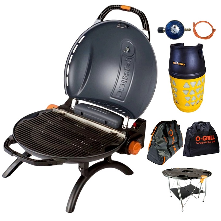 SET Complet O-GRILL 500, Butelie Compozit 26.L, Masa, Husa protectie, Geanta transport, Kit furtun GPL 1.5m Ceas butelie