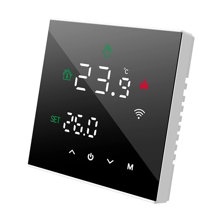 Intelligens termosztát, BOMSTOM, programozható, LCD érintőképernyő, fekete, 86x86x31mm