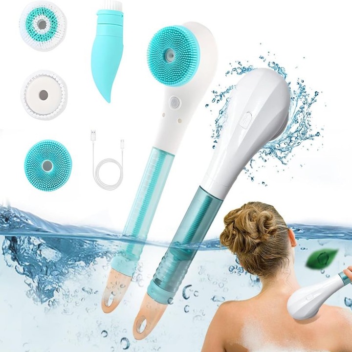 3 az 1-ben elektromos zuhanykefe, hámlasztás és tisztítás, cserélhető fejek, vízálló kialakítás, kék