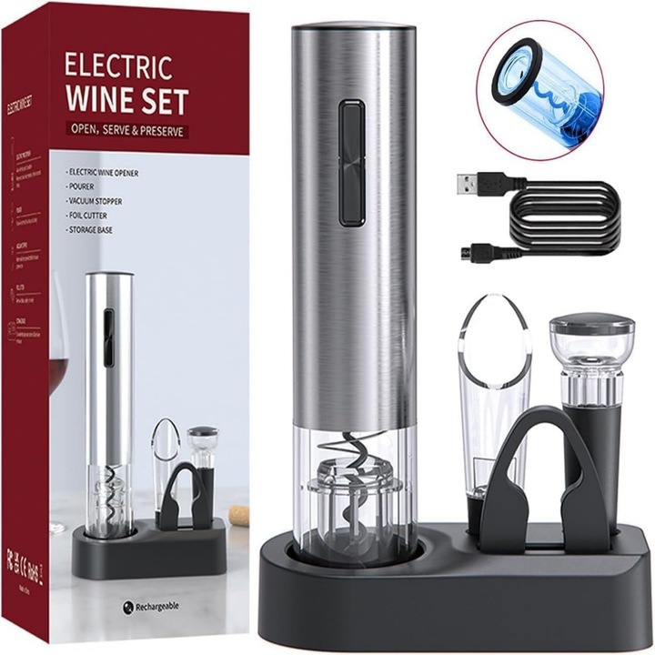 Set deschizator electric de vin, Functie Inainte-Inapoi，6 in 1cu Baza, Accesoriu Taiat Folie，incarcare Type-C， Dop de Vid si Aerator de Vin, One-Touch, Indicator luminos LED， 25W, Automat, Anti-Coroziv, argintiu，Tirbuson Electric pentru Vin