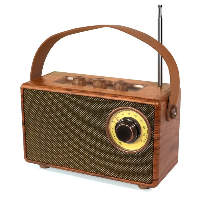 Radio retro，Difuzor Bluetooth retro, AS23, Stereo, autonomie 8h,1500mAh,5W, Bluetooth5.3, Auriu /Maro