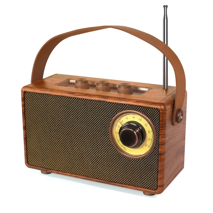 Radio retro,Difuzor Bluetooth retro, AS23, Stereo, autonomie 8h,1500mAh,5W, Bluetooth5.3, Auriu /Maro