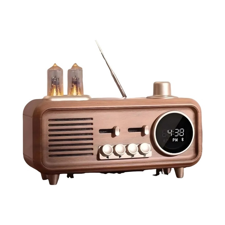 Radio retro，Difuzor Bluetooth retro, cu lumina ambientala, AS32,1800mAh，, subwoofer, afisarea timpului，Stereo，autonomie 8h, Functie radio FM, Auriu /Maro