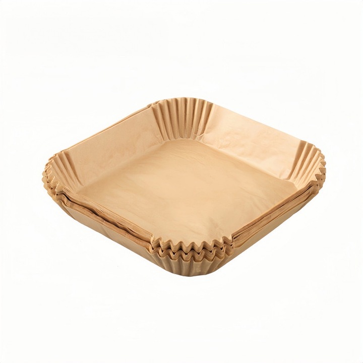 Set 50 Bucati Hartie Pergament pentru Friteuza Aer, Rezistent la Ulei, 20x20x4.5cm, Maro