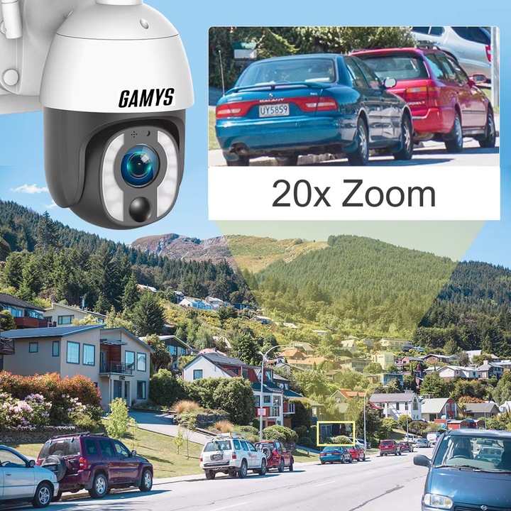 Camera de supraveghere video GAMYS® cu inregistrare 24/7, 20xZOOM, 5MP, 4G, Panou solar dublu de 20 wati, baterie incorporata de 30.000mAh, Card de memorie 64GB