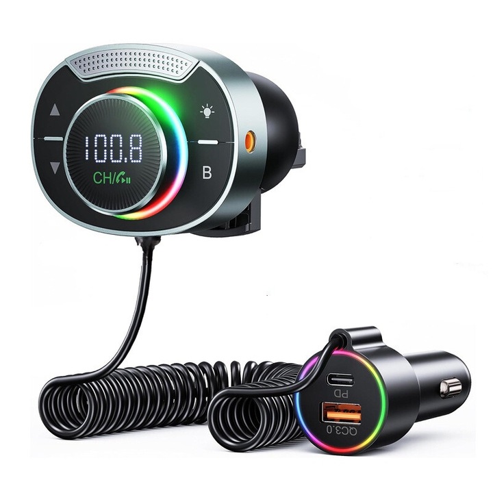 Bluetooth 5.3 FM modulátor autóba, FM transmitter, AUX adapter, PD & QC 3.0 gyors töltés, Mélyhangkiemelés, HD kihangosított hívások, Zajszűrés, Micro SD lejátszás, MP3, Szellőzőrácsra szerelhető, Autós audio lejátszó, RGB világítás Ezüst/Fekete