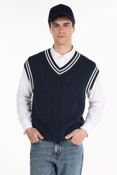 COLIN'S, Vesta cu model torsade si decolteu in V, Alb fildes, Bleumarin, S