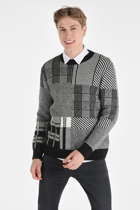 COLIN'S, Pulover cu decolteu la baza gatului si model, Alb/Negru