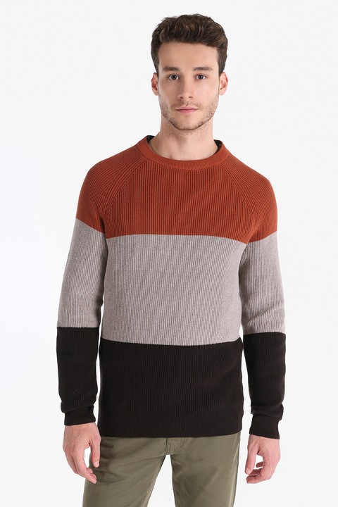 COLIN'S, Pulover cu decolteu la baza gatului si maneci raglan, Negru/Maro taupe deschis/Caramiziu