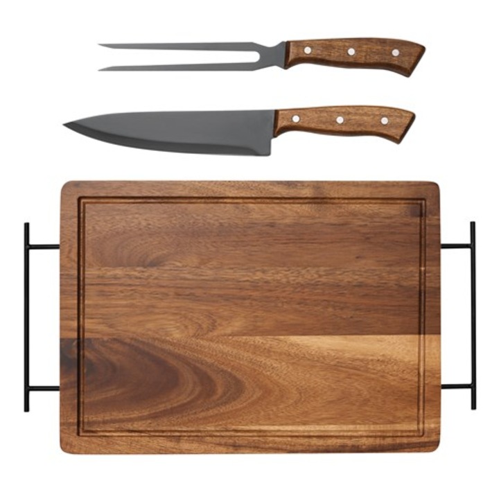 Set Tocator Bremen Acacia Cut, placa de taiat din lemn de acacia, cutit si furculita din inox, 43 x 26 x 2 cm