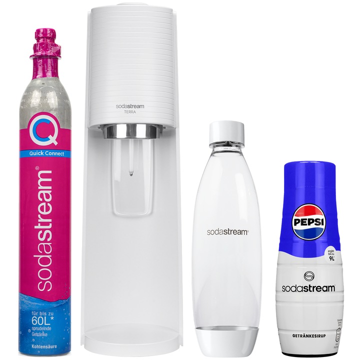 SodaStream Terra White vízkarbonizáló készülék, 1 palack, 1L, Fehér + Pepsi szirup 440ml