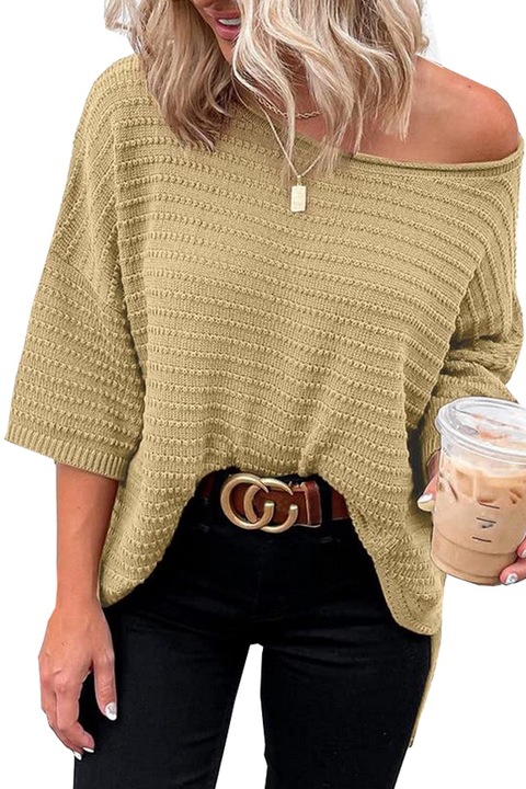 Top tricotat, supradimensionat, dama, cu maneca 3 sferturi, Dokotoo, kaki, L