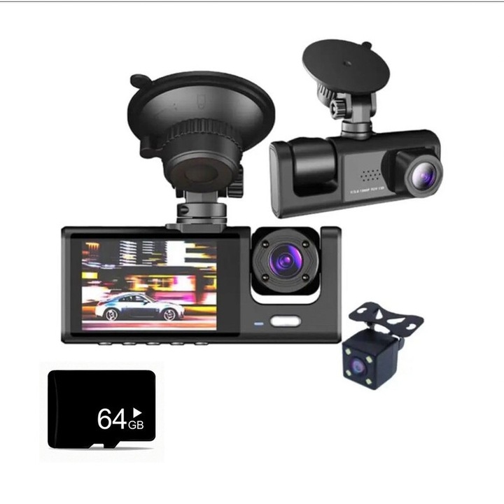Camera auto DVR 3 canale, unghi larg 170°, Full HD 1080P, cu card 64GB, ecran IPS 2 inch