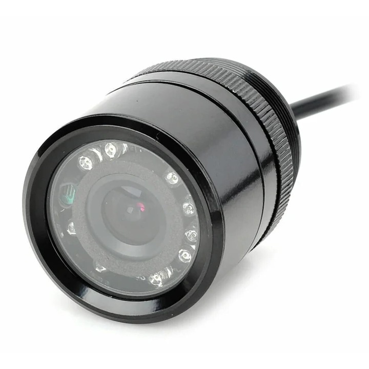 Univerzális tolatókamera IR-vel, kerek 28 mm-es éjszakai látás, a rúdba süllyesztve, 170°-os szög, felbontás 648x488, vízállóság, RCA utángyártott egységekkel kompatibilis, 6 méteres kábel, 12 V AutoREY®