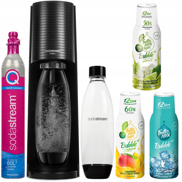 SodaStream Terra Black szódagép, 1 palack, 1L, Fekete, Szirup Tonic Lime Menta, Mango Light, 3 db, 500ml