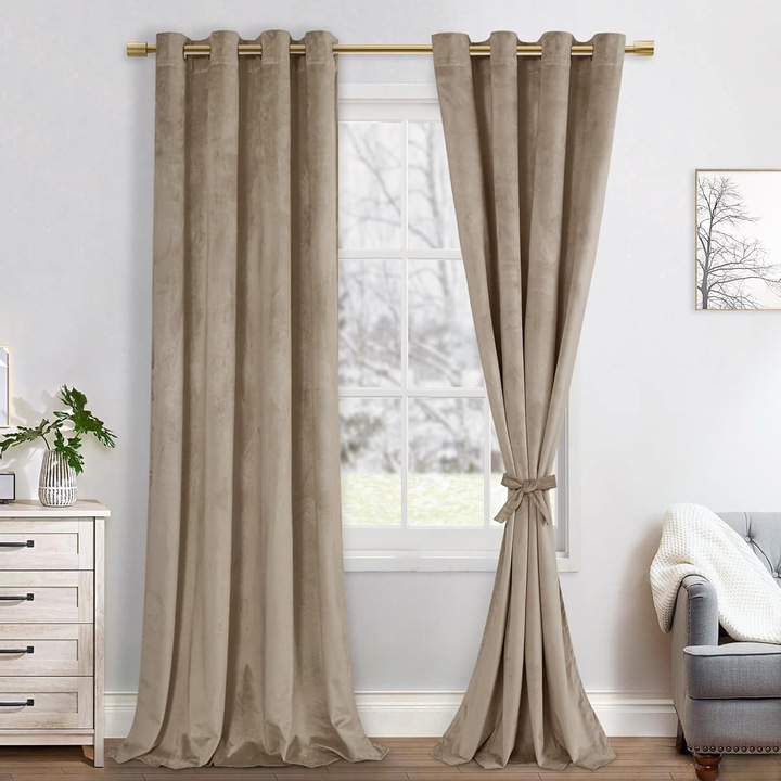 Set doua draperii catifea full blackout, grej, lucrat pe inele tip capse, 2x350x270 cm
