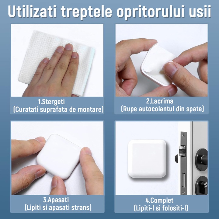 Set 4 Opritoare de Usa, Autoadezive, Absorbtie Soc, Instalare Rapida, silicon, 42x12mm, OUYLAF, Alb