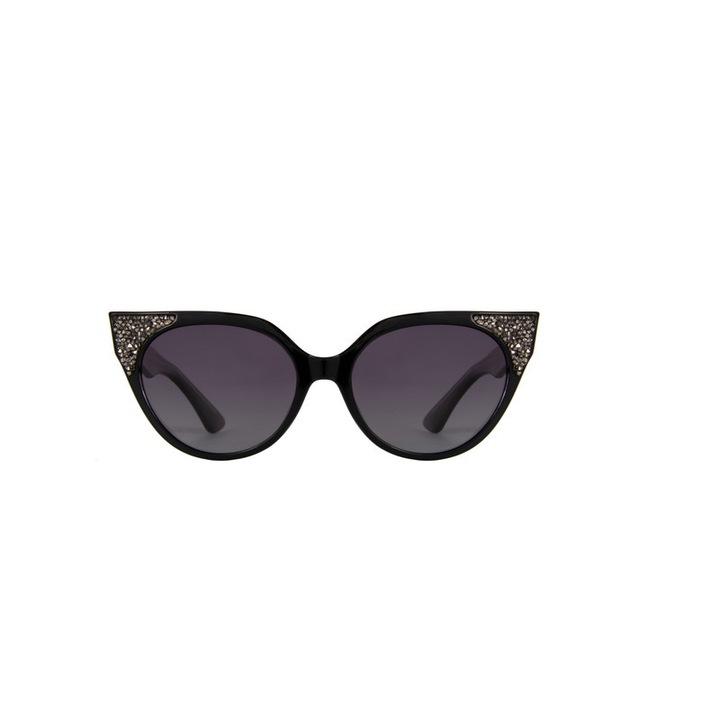 Ochelari de soare dama, Cat Eye cu diamante, polarizati HD, UV400, negru, etui PU