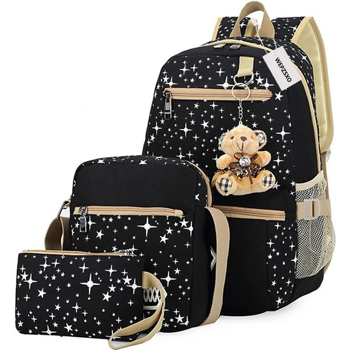 Комплект раница/молив/чанта за обяд, WEPZSXO, платно, 44x27x17 см, черен