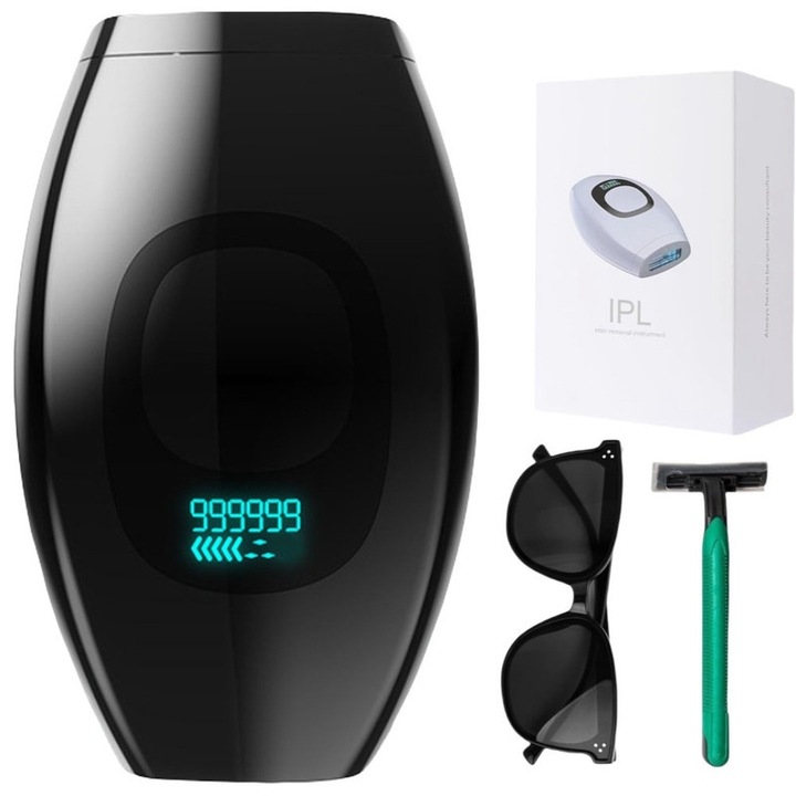 Siewyareli IPL epilátor, 5 intenzitás, LCD kijelző, 999999 impulzus, fekete, borotvával és szemüveggel
