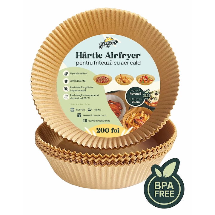 Set 200 bucati hartie de copt Papro pentru air fryer, friteuza, cuptor, cuptor cu microunde, unica folosinta, rezistenta maxima 220 °C, 16x16x4.5 cm, Maro, Rotund