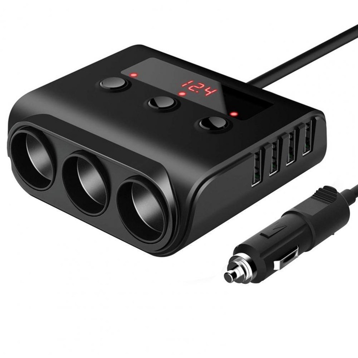 Aprinzator de tigara auto, 4 prize USB, afisaj, cu intrerupator individual, 120W, negru