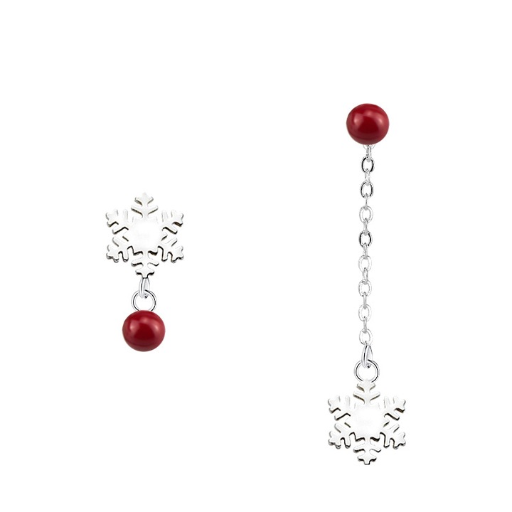Обеци, Haiaveng, червени перли, снежинки, сребро, дълга верижка