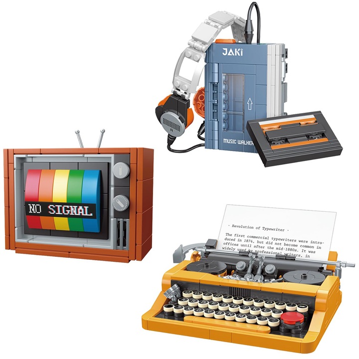 Set de constructie retro WALALLA, masina de scris, Walkman, televizor, multicolor Galben, 660 piese