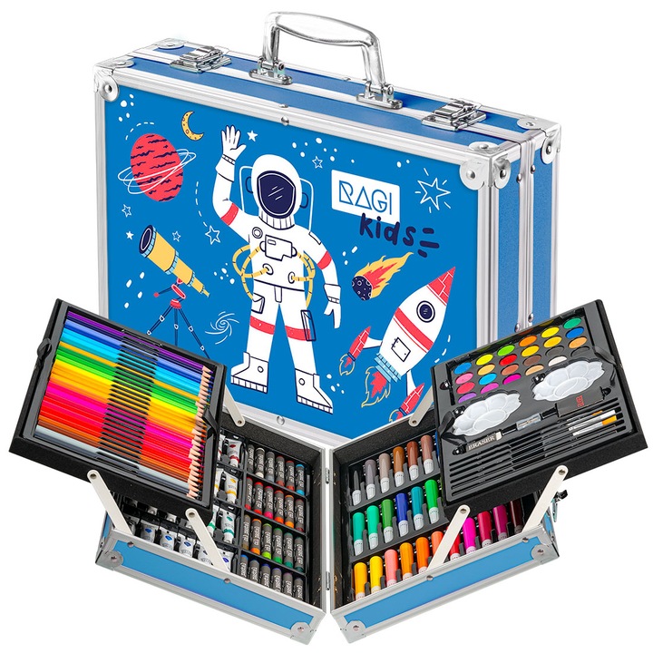 Set arta copii RAGI, tema Astronauti, 145 piese, valiza cu compartimente glisante, pentru pictura, desen si activitati scolare, multicolor