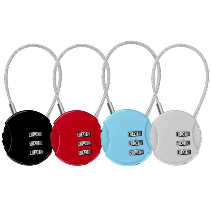 Set 4 Lacate cu Combinatie, Zinc si Cablu Otel, Multicolor, 1.5x5.2 inches, pentru Bagaj